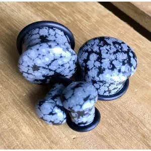 PAIR of Single Flare Snowflake Obsidian Organic Stone Plugs with O-Rings - Gauges 4g (5mm)  up to 5/8" (16mm)