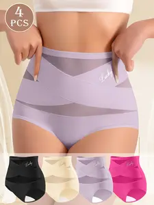 4-Pack Plus Size High-Waisted Shapewear Women Underwear, Breathable Mesh Cross Belly Control, Ice Silk Seamless Triangle Panties, All Seasons, Fit, Womenswear, Lady