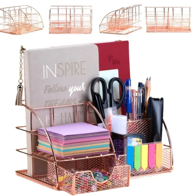 Desk Organizer Desktop Stationary Set Mesh Caddy Storage 5 Compartments +1 Mini Sliding Drawer Rose Gold
