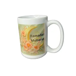 15oz Ramadan Mubarak Ceramic Coffee Mug with Floral Design and Crescent Moon Motif .