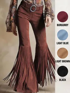 Women's Boho Vintage Faux Suede Fringe Flare Bottoms, Slim Fit Trousers Hippie Western Theme Party Outfit, Available in Black Camel Blue Brown