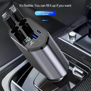 Car Phone Charger Usb Car Charger 120w Super Fast Charging, Four-In-One with Retractable Cable, Universal Car Accessories, Portable Vehicle Power Adapter