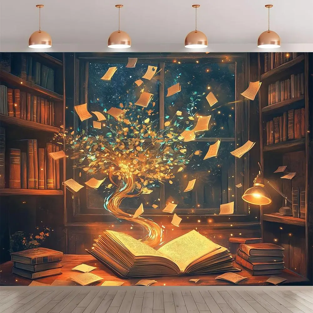 Vintage Library Magic Book 2D Flat Banner Backdrop Cloth, 1-Piece Soft Polyester Multi-Size (39.3X59 Inch / 100Cmx150cm, 70.8X90.6 Inch / 180Cmx230cm) Photo Booth Decor, Wedding Party Indoor Photo Wall Supply