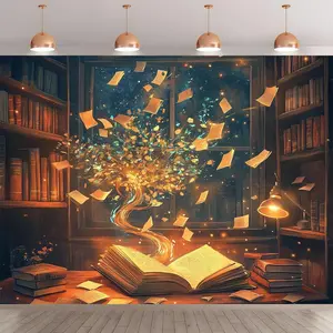 2D Flat, 2D Flat Banner 1pc, Vintage Library Magic Book Wall Background, Magic Book Banner, Suitable for Photo Walls, Party Supplies, Weddings, Birthdays, Anniversaries, All Seasons, Indoor and