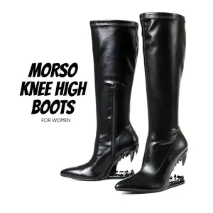 Morso Knee High Boots for Women Closed Pointed Toe Metalic Tiger Teeth Heel Elegant Hollow Shaped Heeled Comfy Side Zipper Wide Calf Easy Pull on Fashionable Shark Teeth Goth Boot Party Concert Club Outgoing Dressy Long Tall Shoes