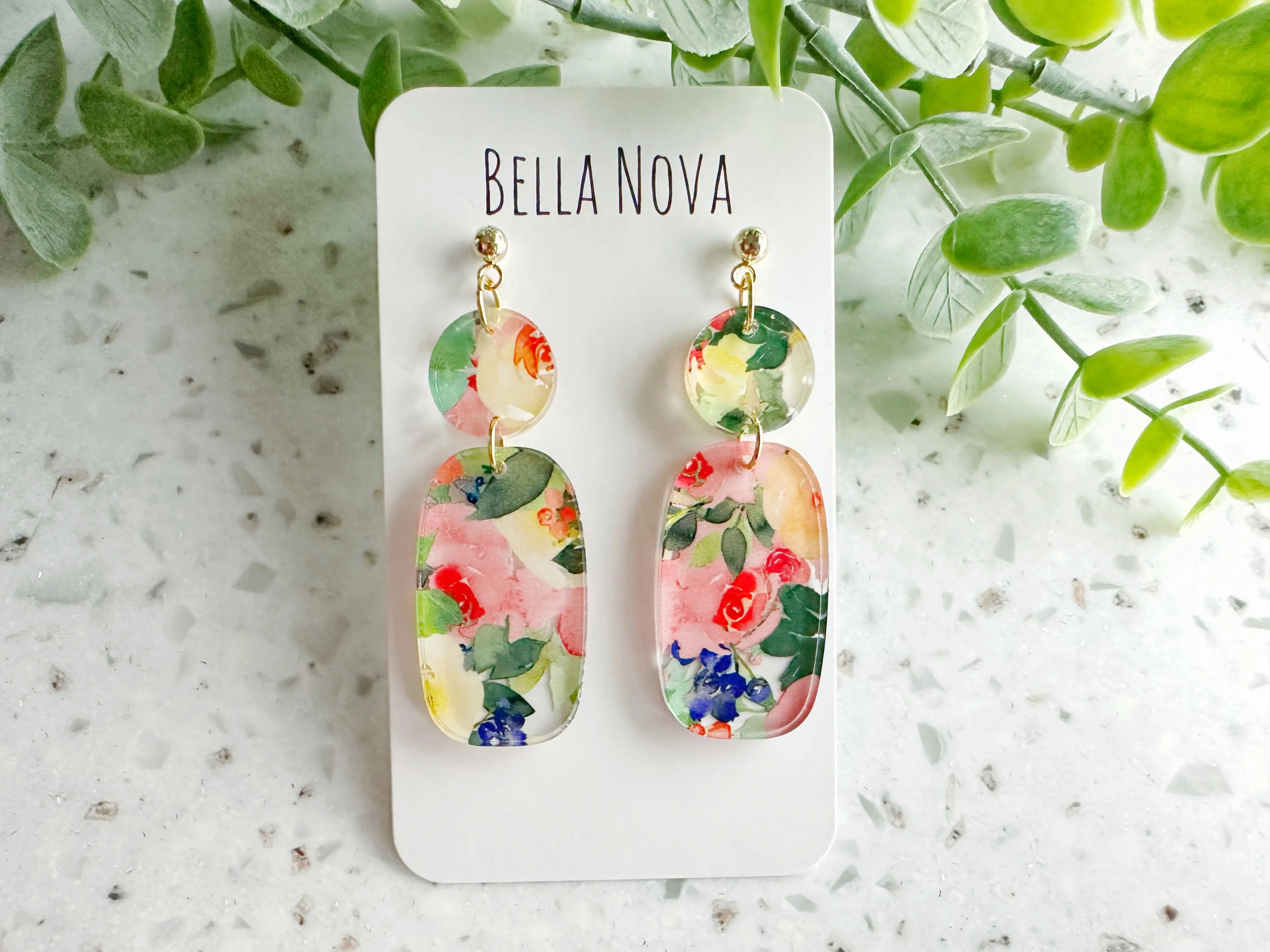 Bella Nova Spring Earrings Floral Design Acrylic Plastic Dangle Earrings 2 Inches Long for Flower Lovers Statement Jewelry Unisex