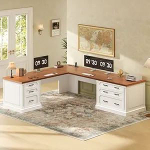 SEDETA 78.7 Inch Farmhouse Executive L Shaped Desk with 6 Drawers Home Office Desk with Power Outlet File Cabinet Storage Wood Corner Computer Desk for Work and Study
