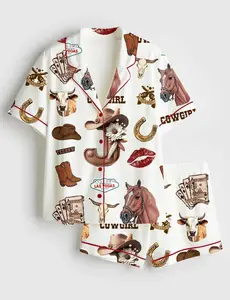 Cowgirl Horse Las Vegas Boots Western Satin Pajama Set, Cat Lover Las Vegas PJs, Holiday Cowboy Print Sleepwear Gift for Her/Him