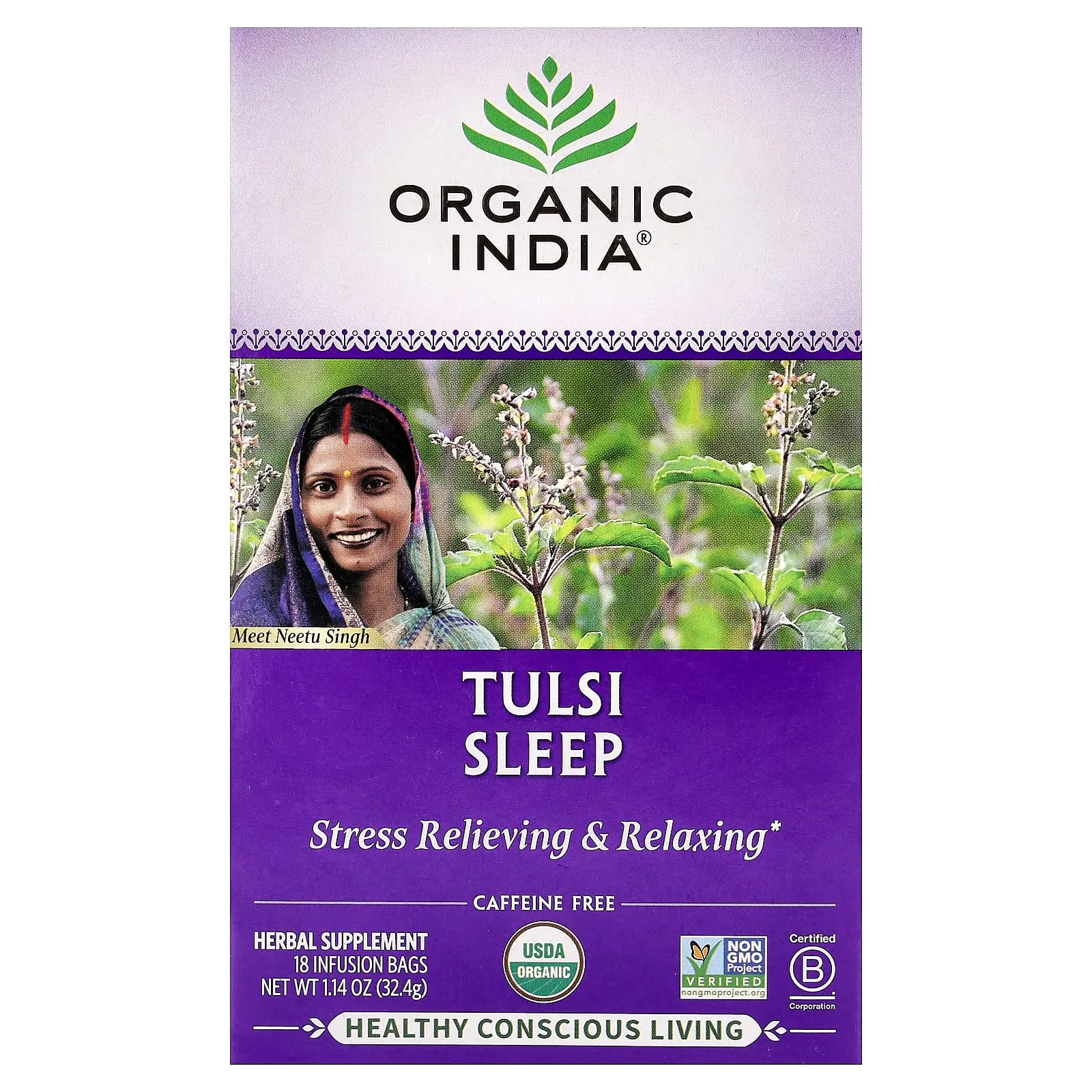 Organic India Tulsi Sleep Tea, Caffeine Free, 18 Infusion Bags, 1.14 oz (32.4 g)