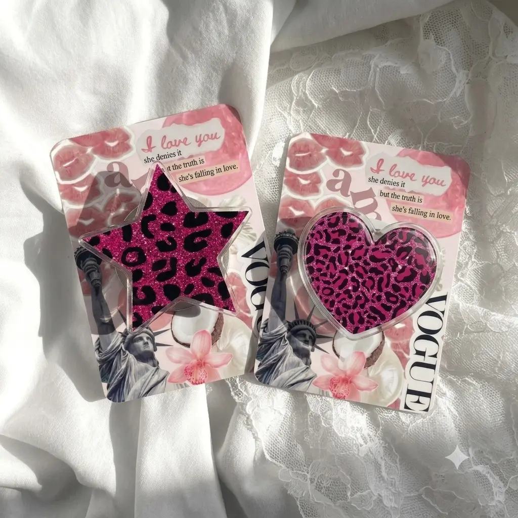 Hot Pink Cheetah Print Phone Grip, Sparkly Acrylic Heart and Star Phone Holder, Cute Y2K Cell Phone Accessory, Trendy Gift for Women, Teens, Best Friend or Girlfriend