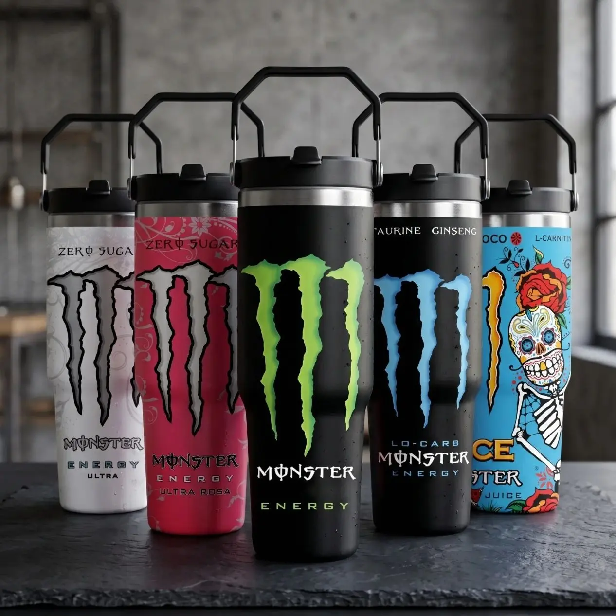 Monster Energy Drink Flavors Themed Tumbler Cup - 30oz/40oz, With Handle & Straw, Aesthetic White, For Gym Lovers, Sports Water Bottle Gift For Friends