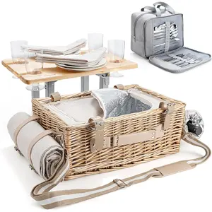 Wicker picnic basket set, equipped with a detachable table, insulated cooler bag, utensil organizer, and waterproof blanket--Wicker picnic basket is suitable for the beach, camping, and as a wedding gift