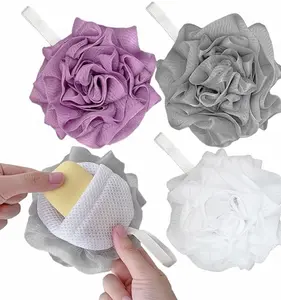 3 Pack Bath Loofah Shower with Soap Bags, Dual-Use Exfoliating Bath Sponges Soap Saver for Women & Men, Gentle Body Scrubber (White, Gray, Purple)