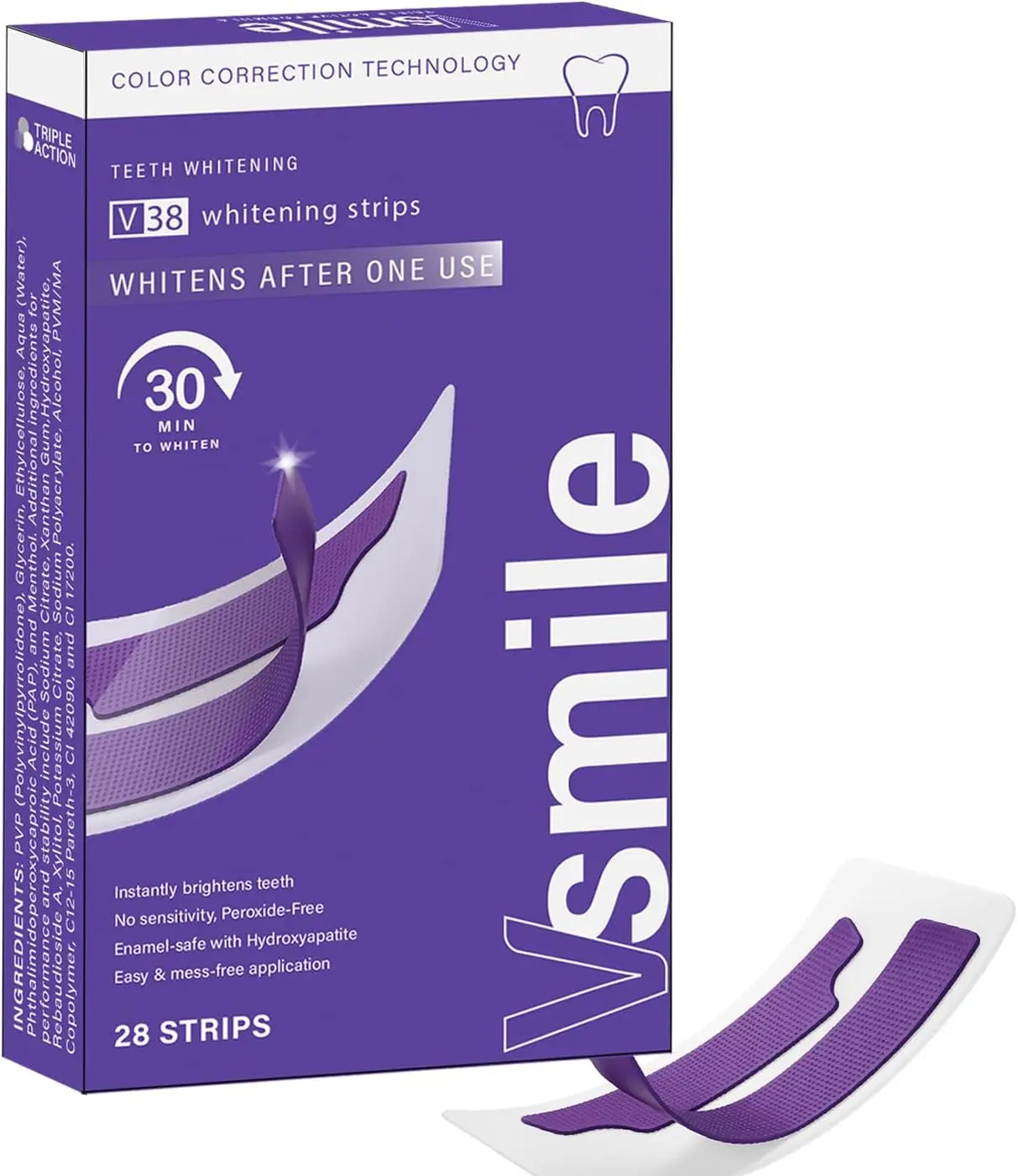 Teeth Whitening Strips, Vsmile V38,  28 Count – Peroxide-Free Purple Color Correcting Teeth Whitener Strips with Pap+ & Hydroxyapatite, Enamel Safe, No Sensitivity