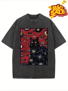 Women's Vintage Washed T-Shirt - Anime & Letter Graphic, Black Cat Red Eyes/Star/Snowflake Print, Spring/Summer (Local Delivery)