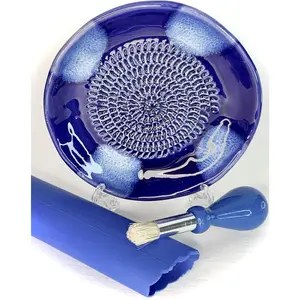 , -in-  Ceramic Garlic Grater Plate 4- Set - Blue  Glazed Design and Style - For Garlic, Ginger, , and ! - Comes with 5.25" Plate, Peeler, Brush, and Stand