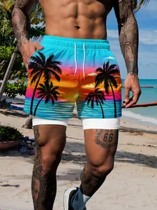 Men's Sunset Gradient Beach Shorts, Dual-Layer Quick-Dry Lining, Casual American Vacation Swim Trunks, Drawstring Waist, Slim-Fitting