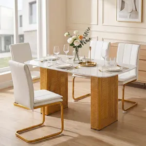 Glass Dining Table 55" Modern Marble Look Tempered Glass Top Gold Metal Double Pedestal Base Rectangular Kitchen Table for Dining Room Home Office Living Room Gold