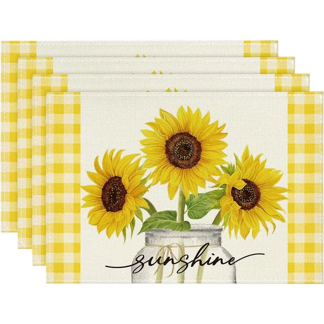 Polyester 4-Piece Durable Yellow Buffalo Plaid Sunflower Pattern Placemats, 12x18 in Wrinkle-Free Print Table Mats for Indoor Parties, Kitchen Dining Decoration