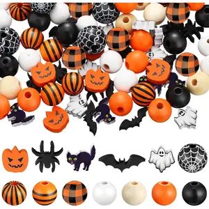 F-HDJ05  200 Pcs Halloween Wood Beads Buffalo Plaid Beads Pumpkin Bat Wooden Bead Craft Buffalo Plaid Stripes Styles Wood Bead for Halloween Decoration DIY Home Decor(Pumpkin) Smooth Ornaments