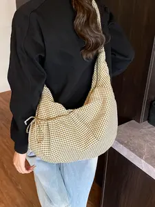 Plaid Canvas Underarm Bag, Drawstring Adjustable Design, Casual Crossbody Shoulder Bag, Lightweight Women's Daily Use