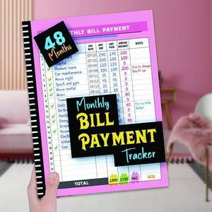 48-Month Bill Tracking Planner Notebook, Pink Cover with Black Accents, Business Financial Management Office Organizer, Expense Log & Budgeting Calendar