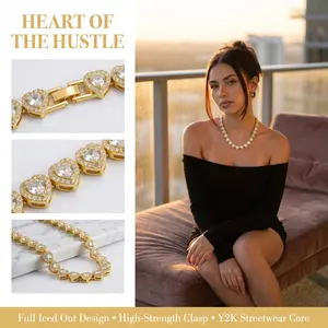 Hip-Hop Heart Shape Cubic Zirconia Choker Necklace, Iced Out Gold Tone Chunky Sparkly Crystal Choker for Women - Gold Heart-Shaped, Embedded Stones, Gem Crystal Necklaces