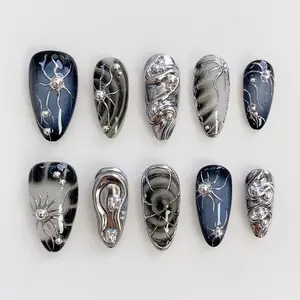 Black Gothic Press on nails short almond nails/gothic nails/goth nails/Sun Nails/Silver Nails/3D Silver Chrome Nails/Metallic silver nail