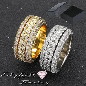 Men's 12MM Spinner Fidget Rings 5A+ Cubic Zirconia Chain Rotation Ring for Men Motorcycle Biker Bicycle Chain Ring Cool Punk Rock Bands Male Boys Jewelry Gifts for His US Size 7-11