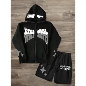 Men'sLetterPrintZipUpHoodie&StarPrintShortsTwo-pieceSet,CasualLooseHoodedSweatshirt&ShortsforDailyWear,Men'sTwo-pieceOutfitsforAllSeasons