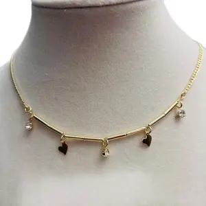 18k Gold Plated Cuban Link 18" Necklace with Heart Charms and Crystal Accents