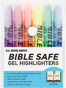 U.S. Office Supply Bible Safe Gel Highlighters 6 Pack Set - 6 Bright Neon Fluorescent Colors Yellow Blue Marker Refill for Documents