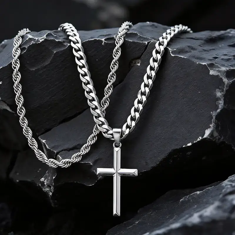 Men's Cross Necklace, Double-Layer Cuban Chain Necklace - Silver Polished Metal, Flat Cuban-Twist Rope Chain, Streetwear Men's Accessories, Daily Fashion Gift