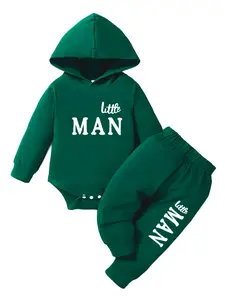 Baby's Letter Print Hooded Bodysuit & Pants Set, Casual Long Sleeve Bodysuit & Trousers, Infant Toddler Kids Fall & Winter Clothes, Baby Boy Clothes, Toddler Outfit