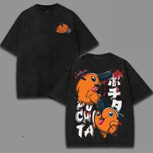 Chainsaw Man Denji Pochita Pure Original Prime Anime Manga Game Movie Devil Art Washed T-Shirt 2 Sided Print Graphic Tee Casual Streetwear Oversized Baggy Crewneck Grey. menswear streetwear graphic tee