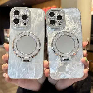 Women's Luxurious Feather Design Glossy TPU Cellphone Casing - Durable, Shockproof Soft Cover for iPhone 11-16 Pro Max Handheld Devices, Built-in Camera Protector & Mirror Kickstand, Includes Screen Protector