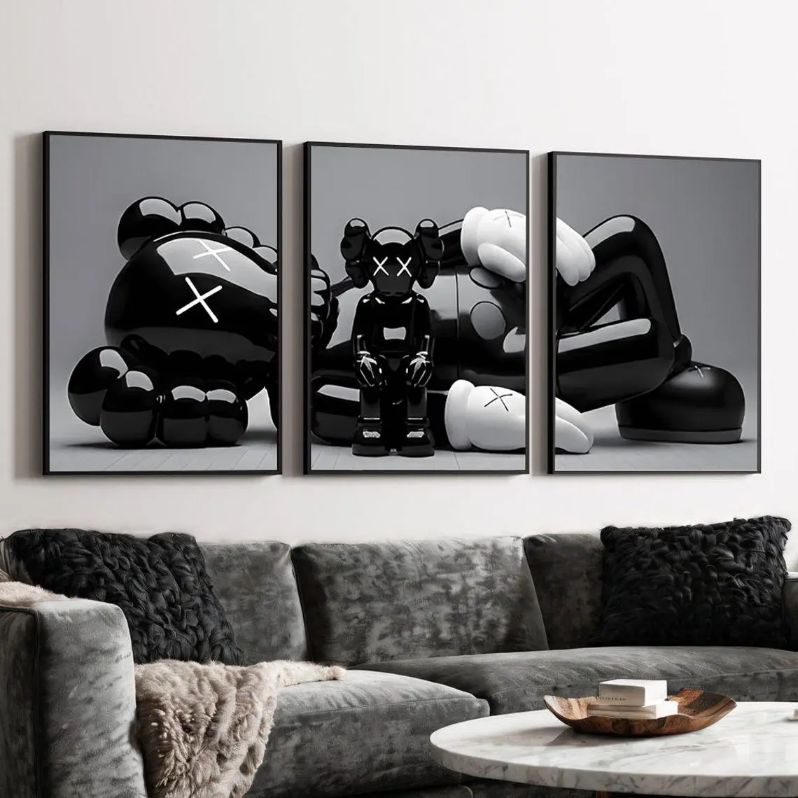 KAWS Landscape Wall Art Set of 3, Black Hypebeast Poster, Kaws Figure Print, Minimalist Graffiti Decor, Modern Room Art,