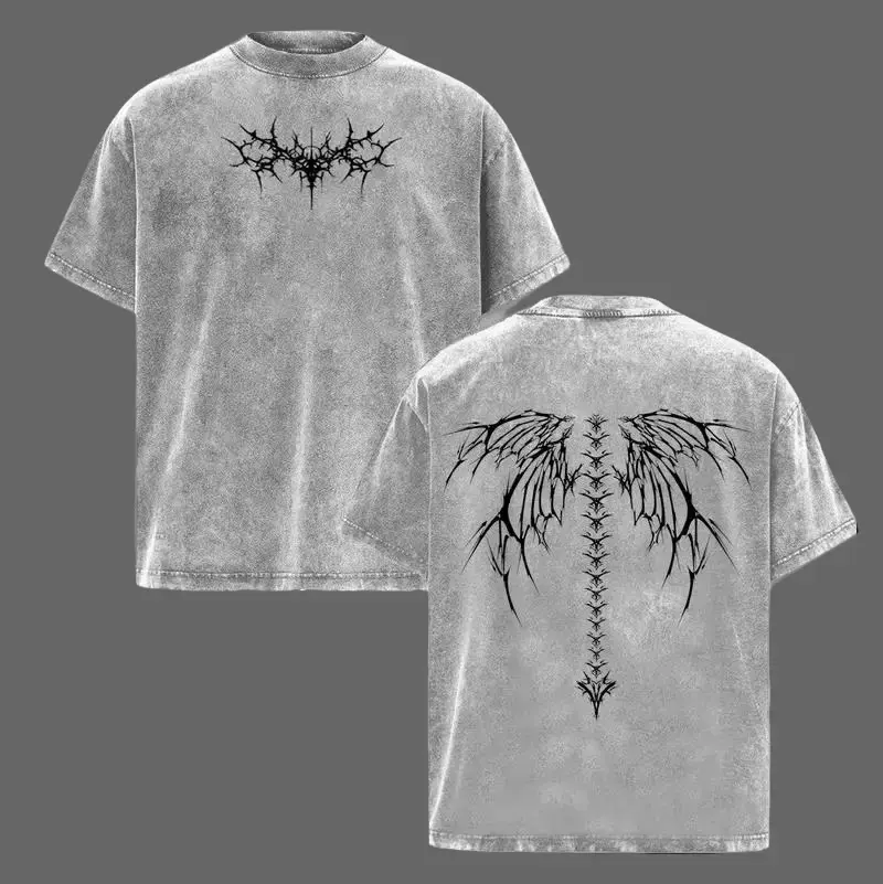 Vintage Black Acid-Washed Oversized Heavy Cotton Crewneck T-Shirt, Front Thorn Spike Small Logo & Back Spiky Angel Wing Spine Dual-Sided Print, Loose Unisex Casual Tee, Retro Y2K Gothic Dark Streetwear, Edgy Gym Top for Men and Women