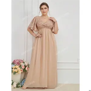Elegant Bridesmaid Sleeve Contrast Plus Sequin Butterfly Chiffon Dress