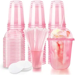 16oz Transparent PET Disposable Stemless Glasses - With Dome Lids and Straws, Clear Plastic Wine Cups for Parties, Weddings (50, Pink)