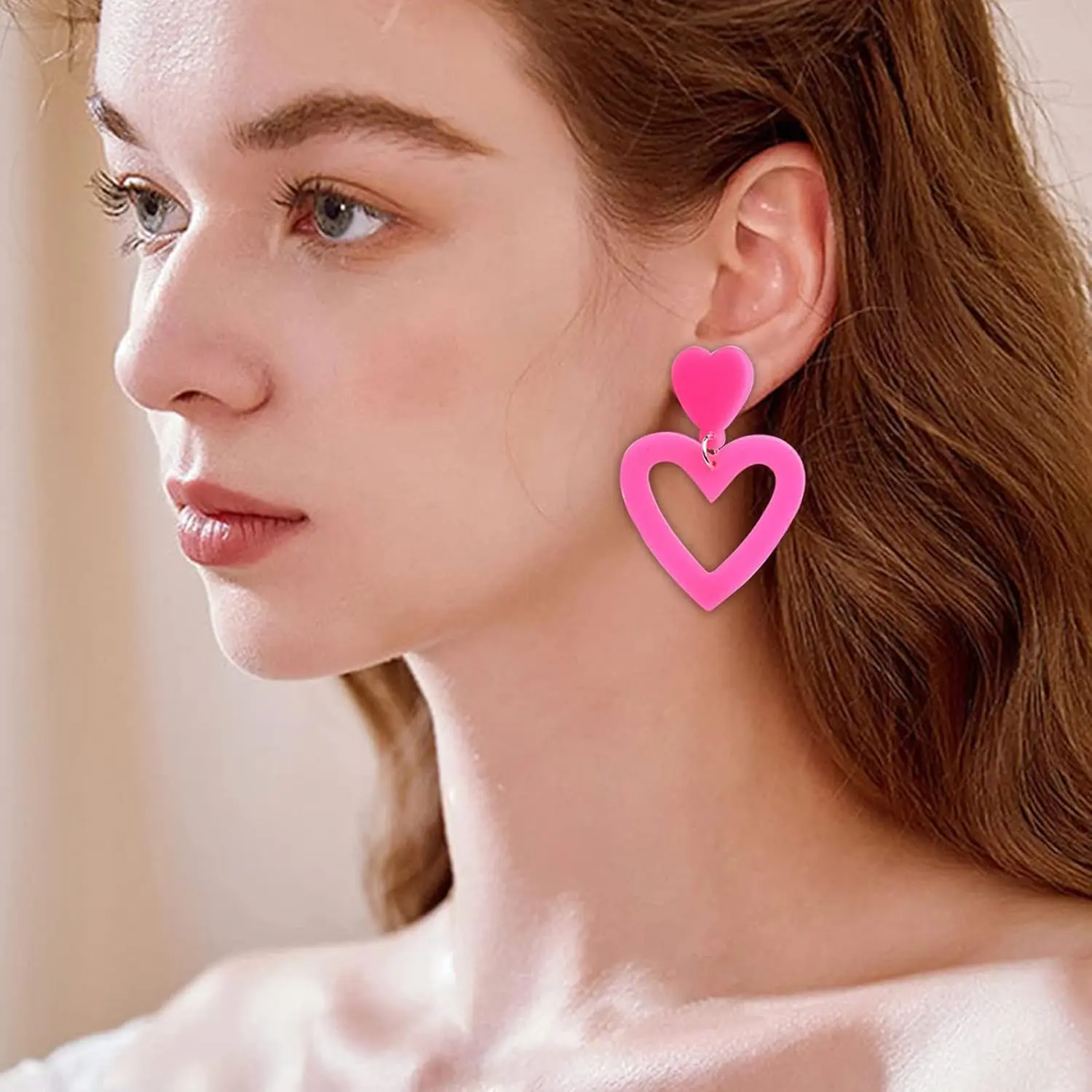 2025 Summer Hot Pink Love Heart Earrings for Women Y2K Double Heart Red Dangle Earrings Lightweight Acrylic Earrings Jewelry for Valentines Wife Mom Girlfriend Her