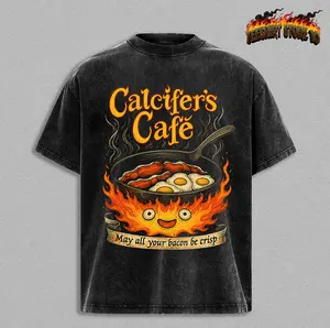 Calcifer's Cafe Vintage Washed Oversized T-Shirt, Tank Top, – Studio Ghibli Inspired Anime Graphic Tee, Heavyweight Cotton Boxy Fit Streetwear Shirt