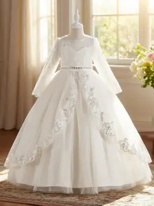 White long sleeve lace elegant girls princess dress light with sequins and lace details dance dress perfect for birthdays and formal occasions