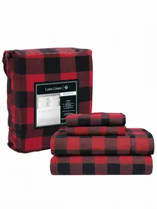 LANE LINEN 100% Cotton Flannel Weave Bed Set - Plaid Check, Flat Sheet, Fitted Sheet, Soft Breathable, Brushed Extra Soft, 16" Deep Pockets Hotel Bed Linens, Bed Sets, Soft Breathable Sheet