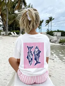 Oversized Coastal Granddaughter Fish Graphic Tee | Pink Stripe, Striped Back Print Beach Top | Clean Girl Summer Aesthetic for Vacation & Daily OOTDs Preppy Coastal Fashion | Nautical Cute Vibes