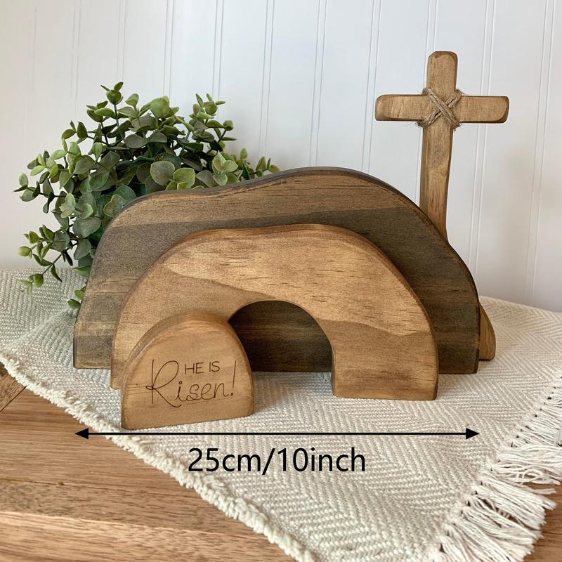 Empty Tomb Display Easter Decor, Christian Resurrection Scene Creche Decoration, He Is Risen Jesus Tomb Ornament for Farmhouse, Tiered Tray and Fireplace