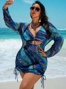 Plus Size 3-Piece Swimwear Set - Halter Top, Bottom & Long Sleeve Cover-Up