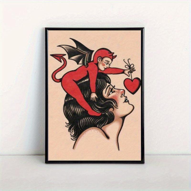 1pc "Love Is Evil" Tattoo-Style Canvas Poster, Unframed Wall Art Print, Festive Gift for Halloween, Bedroom, Living Room, Cafe Decor, Home & Dormitory, Easy to Hang Canvas Wall Painting