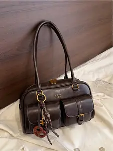 Women's Fashionable Solid Color Shoulder Bag, Large Capacity Multi-pocket Crossbody Bag with Bag Charm, Casual Trendy Versatile High-quality Daily Commuting Bag, Elegant Shoulder Bag