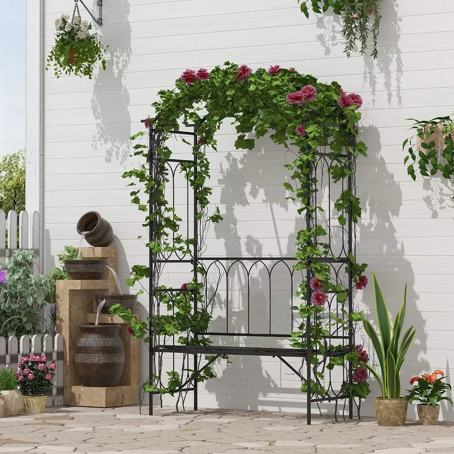 Greywick Metal Garden Arbor Arch Bench, 80" Tall with 2-Trellis Side Panels, Top Hanging Bars, Scrollwork Design, 484 lbs for 2 People, Climbing Plants, Grapes, Vines, Black